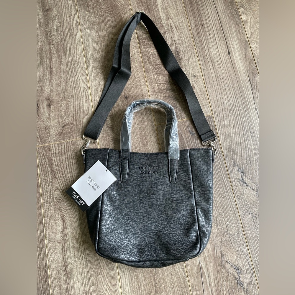 NWT Calvin Klein Euphoria black faux leather tote bag adjustable straps, handles